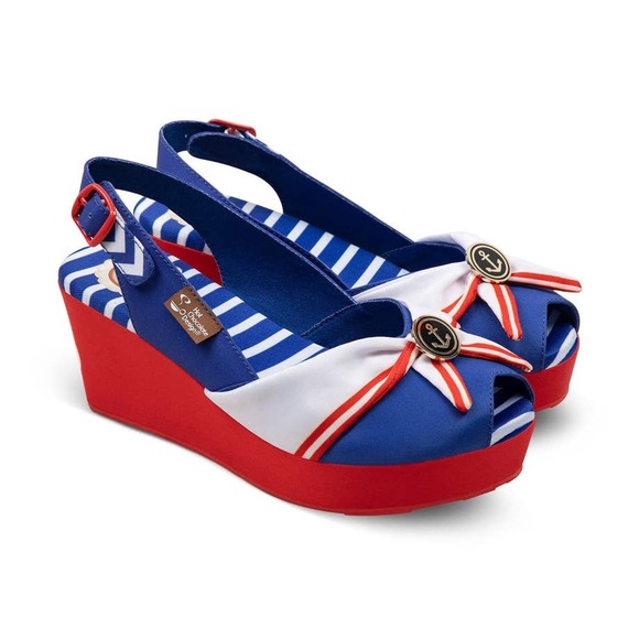 Chocolaticas ANCHOR Red White Blue Sailor Pin-Up Peep Toe Sling Back Platform - Picture 3 of 13